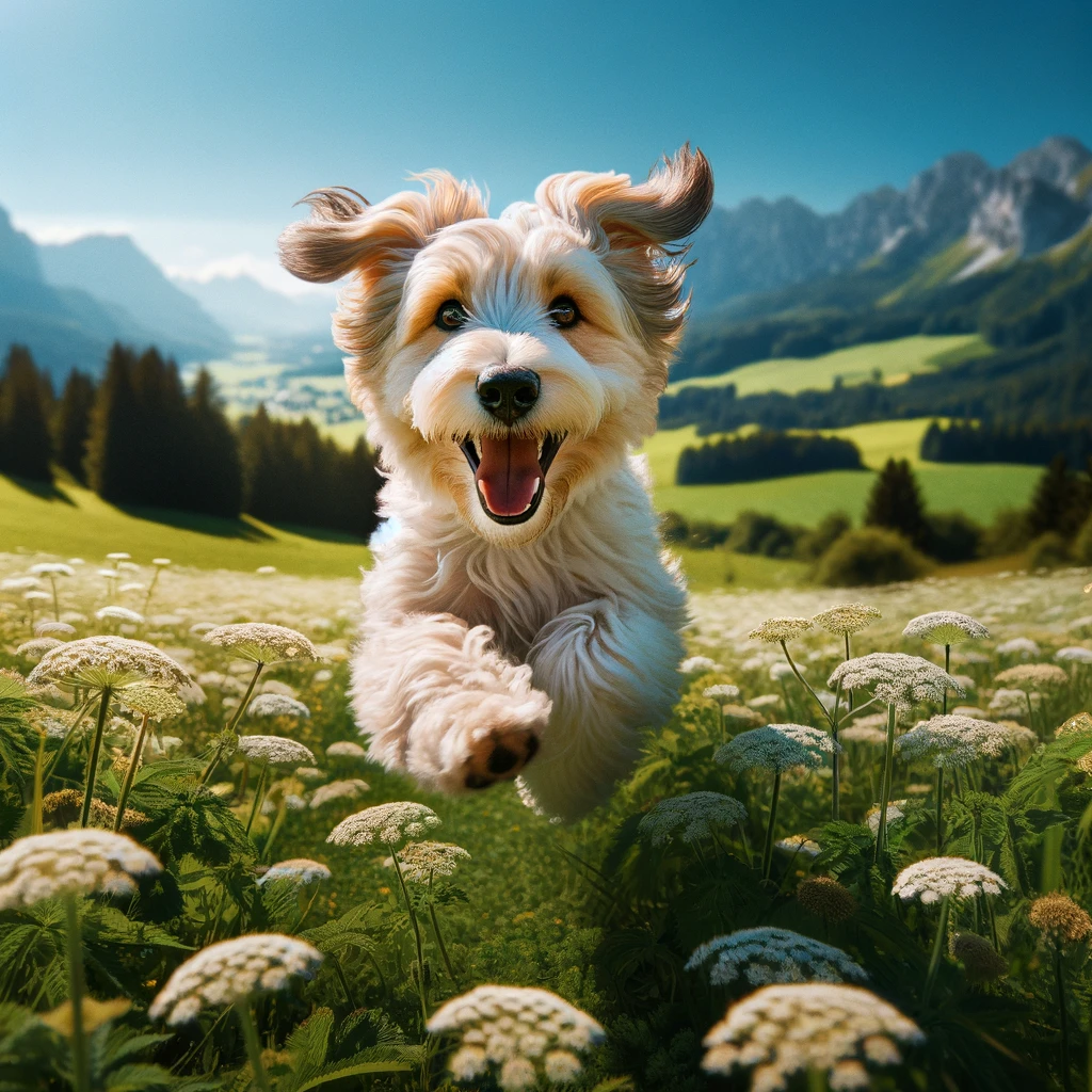 Beispiel Bildprompt: Ein mittelgroßer, flauschiger weißer Hund, sein Fell weiß mit braunen Flecken, und einem freudigen Blick. Er sprintet voller Lebensfreude über eine grüne, blühende Wiese im Alpenvorland, unter einem klaren blauen Himmel. Das Bild ist ein Inbegriff von Freiheit und Glück. Sein Gesicht strahlt Freude aus. Die blühende Wiese und der klare Himmel verschwimmen dabei sanft im Hintergrund.